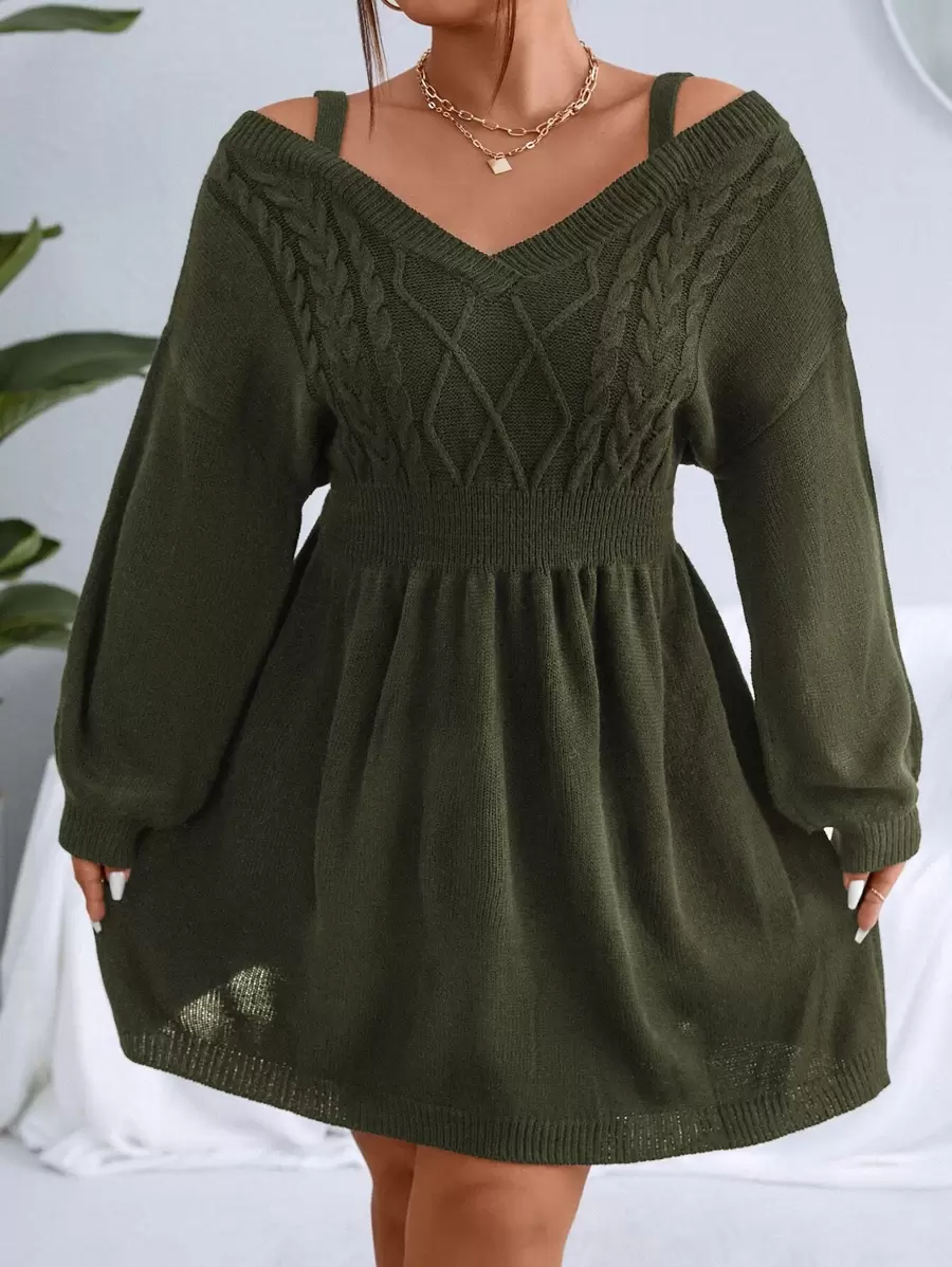 SHEIN Clasi Plus Cable Knit Cold Shoulder Jumper Dress - Army Green - View 1