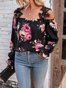 SHEIN Clasi Floral Print Cold Shoulder Flounce Sleeve Blouse - Black - View 3
