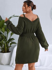 SHEIN Clasi Plus Cable Knit Cold Shoulder Jumper Dress - Army Green - View 2