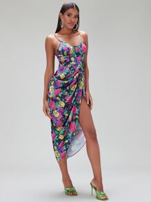SHEIN BAE Floral Print Crisscross Backless Ruched Split Thigh Cami Dress - Multicolor - View 6