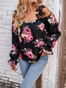 SHEIN Clasi Floral Print Cold Shoulder Flounce Sleeve Blouse - Black - View 4