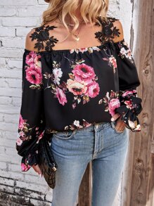 SHEIN Clasi Floral Print Cold Shoulder Flounce Sleeve Blouse - Black - View 5