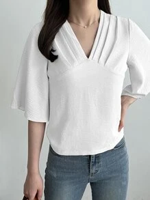 DAZY Solid Fold Pleated Blouse - White - View 5