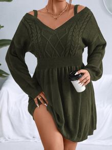 SHEIN Clasi Plus Cable Knit Cold Shoulder Jumper Dress - Army Green - View 6