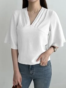 DAZY Solid Fold Pleated Blouse - White - View 4