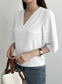 DAZY Solid Fold Pleated Blouse - White - View 2