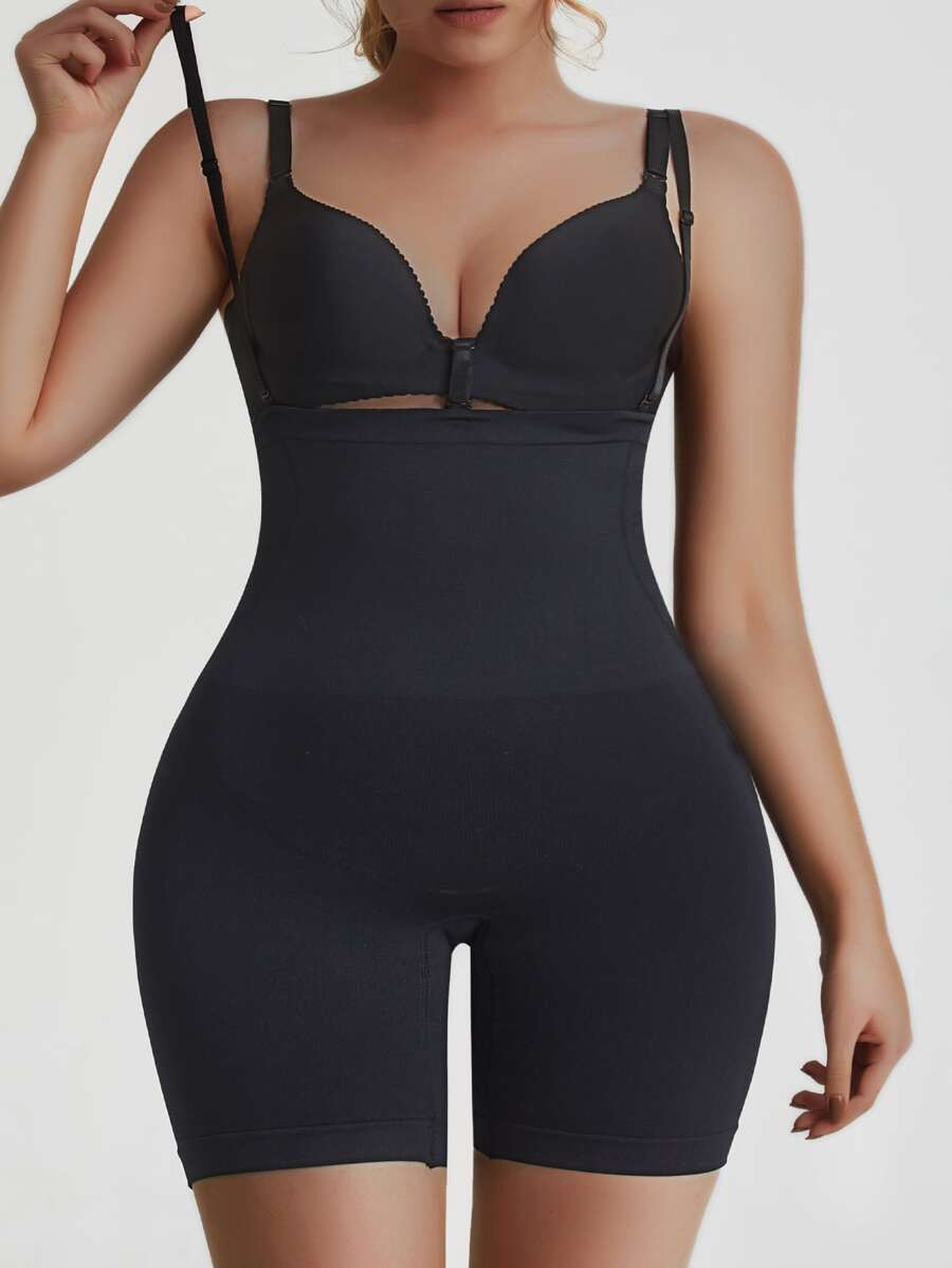 Women's High Stretch Black Plain Casual Comfy Shapewear Shorts Long Length - Black - View 1