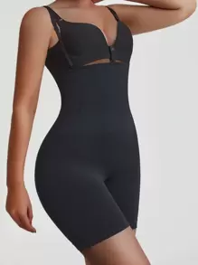 Women's High Stretch Black Plain Casual Comfy Shapewear Shorts Long Length - Black - View 3