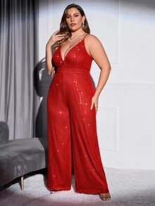 Double Crazy Jumpsuits Plus Size Lộ Lưng Dây kéo màu trơn Buổi tiệc - Đỏ - Xem 3