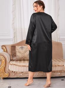 Plus Lace Trim Button Through Satin Nightdress - Black - View 2