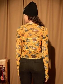 LOONEY TUNES X SHEIN 1pc Cartoon & Letter Graphic Mock Neck Mesh Top Without Cami - Mustard Yellow - View 2