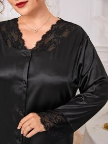 Plus Lace Trim Button Through Satin Nightdress - Black - View 3