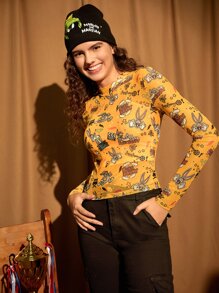 LOONEY TUNES X SHEIN 1pc Cartoon & Letter Graphic Mock Neck Mesh Top Without Cami - Mustard Yellow - View 3