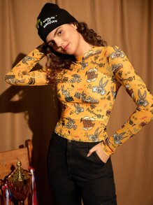 LOONEY TUNES X SHEIN 1pc Cartoon & Letter Graphic Mock Neck Mesh Top Without Cami - Mustard Yellow - View 4