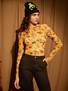 LOONEY TUNES X SHEIN 1pc Cartoon & Letter Graphic Mock Neck Mesh Top Without Cami - Mustard Yellow - View 6