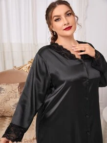 Plus Lace Trim Button Through Satin Nightdress - Black - View 6