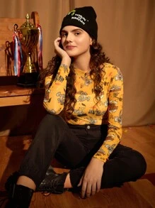 LOONEY TUNES X SHEIN 1pc Cartoon & Letter Graphic Mock Neck Mesh Top Without Cami - Mustard Yellow - View 8