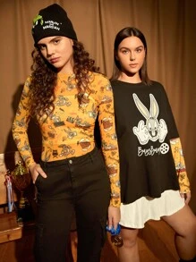LOONEY TUNES X SHEIN 1pc Cartoon & Letter Graphic Mock Neck Mesh Top Without Cami - Mustard Yellow - View 9