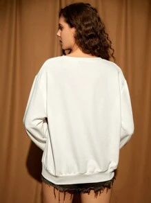 LOONEY TUNES X SHEIN Rabbit & Letter Graphic Drop Shoulder Pullover - White - View 2