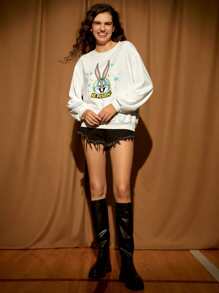 LOONEY TUNES X SHEIN Rabbit & Letter Graphic Drop Shoulder Pullover - White - View 3