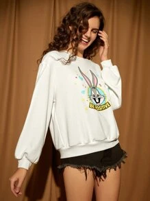 LOONEY TUNES X SHEIN Rabbit & Letter Graphic Drop Shoulder Pullover - White - View 4