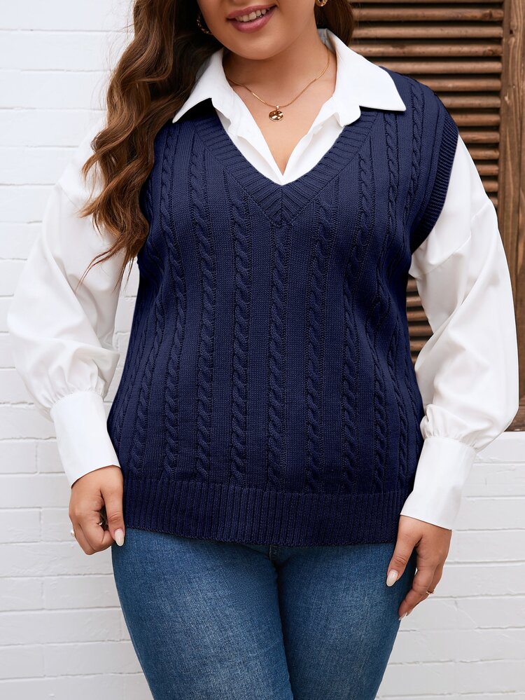 Plus Size Women's Solid Color V-Neck Cable Knit Collegiate Style Tank Top, Autumn/Winter Fall