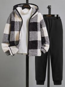 SHEIN Boys Buffalo Plaid Print Zip Up Hooded Jacket & Sweatpants Without Tee - Black and White - View 1