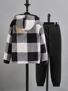 SHEIN Boys Buffalo Plaid Print Zip Up Hooded Jacket & Sweatpants Without Tee - Black and White - View 2