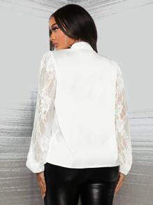 SHEIN SXY Tie Neck Lace Sleeve Satin Top - White - View 2
