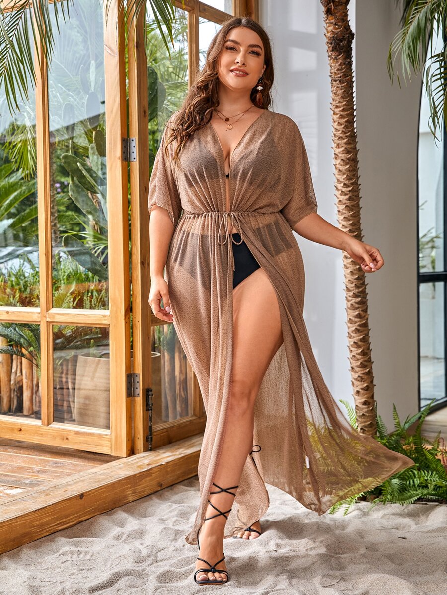 SHEIN Swim Curve Kimono de manga murciélago con cordón delantero de muslo con abertura - Caqui - Ver 1