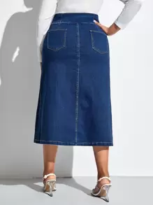 SHEIN SXY 大碼高腰紐扣門襟牛仔半身裙 - 深色水洗藍 - 查看 2