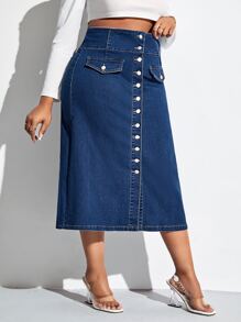 SHEIN SXY 大碼高腰紐扣門襟牛仔半身裙 - 深色水洗藍 - 查看 3