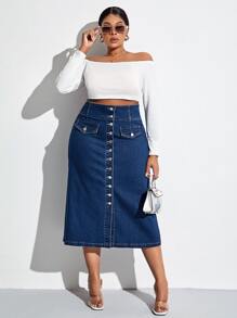 SHEIN SXY 大碼高腰紐扣門襟牛仔半身裙 - 深色水洗藍 - 查看 1