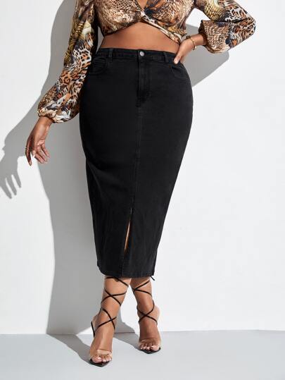 Plus High Waist Split Hem Denim Skirt