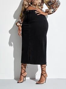 SHEIN SXY Plus High Waist Split Hem Denim Skirt - Black - View 3