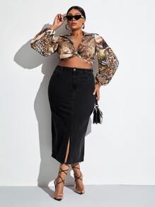 SHEIN SXY Plus High Waist Split Hem Denim Skirt - Black - View 4