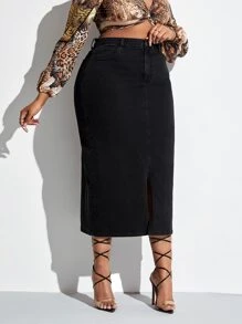 SHEIN SXY Plus High Waist Split Hem Denim Skirt - Black - View 5