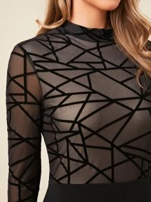 SHEIN BAE Geo Flocked Print Mock Neck Mesh Bodycon Dress