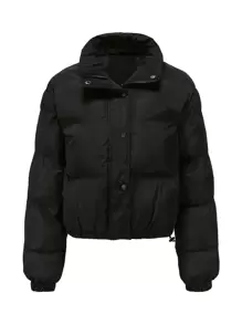 Drawstring Hem Padded Coat - Black - View 1
