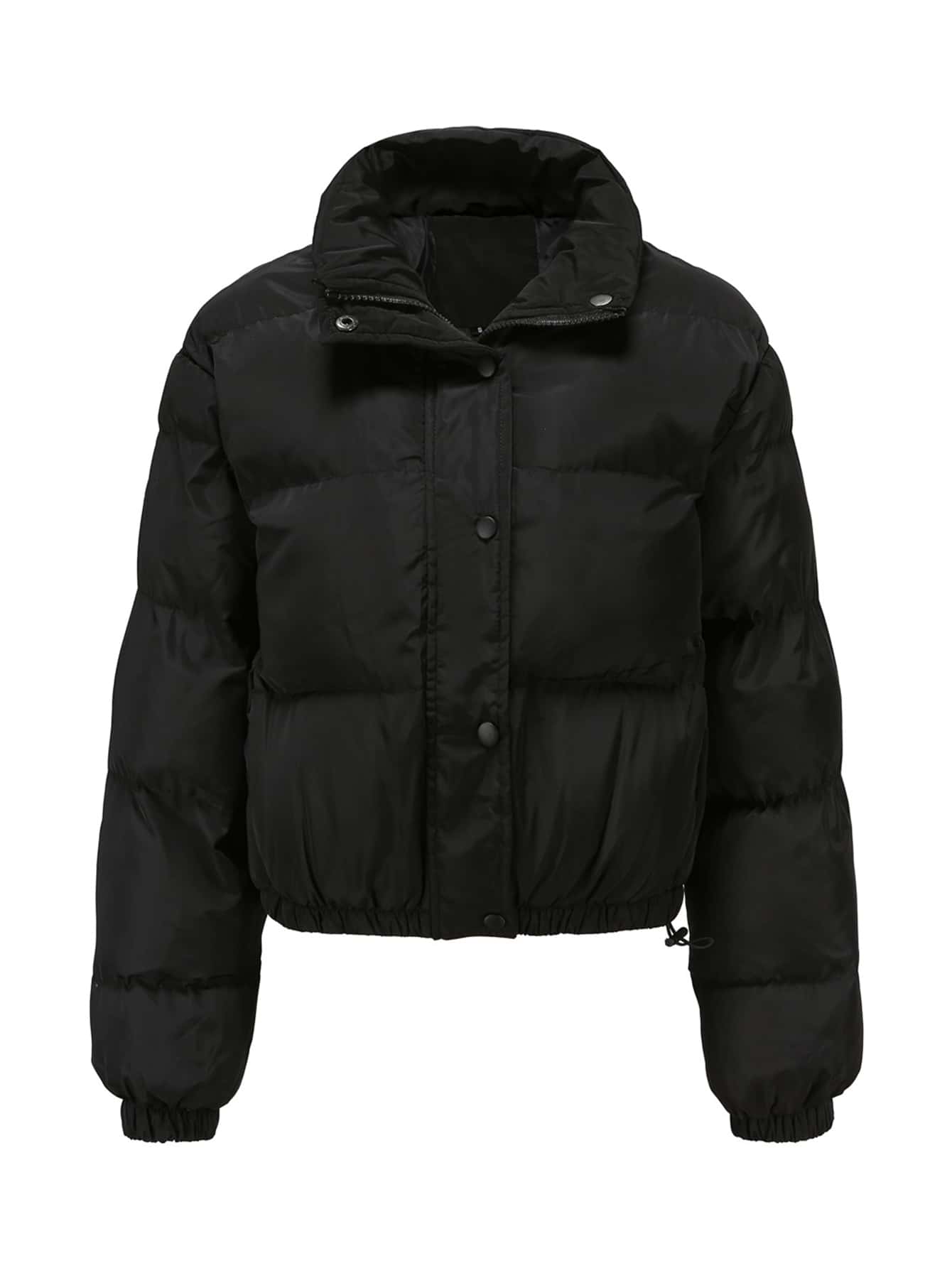 Drawstring Hem Padded Coat - Black - View 1
