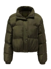 Zip Up Snap Button Padded Coat - Army Green - View 1