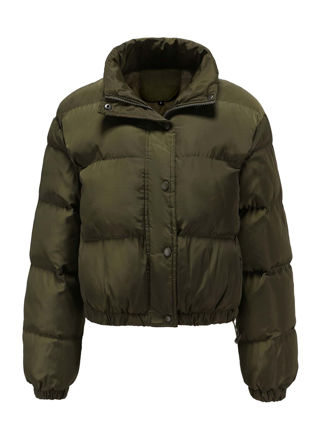 Zip Up Snap Button Padded Coat - Army Green - View 1