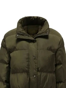 Zip Up Snap Button Padded Coat - Army Green - View 3