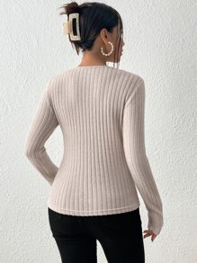 SHEIN Frenchy Solid V Neck Grain Fabric Tee - Apricot - View 2