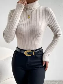 SHEIN Frenchy Camiseta de punto acanalado de cuello alto con textura - Albaricoque - Ver 3