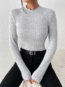 SHEIN BAE Áo thun nữ Xù nhỏ Gân đan màu trơn Giải trí - Xám - Xem 3