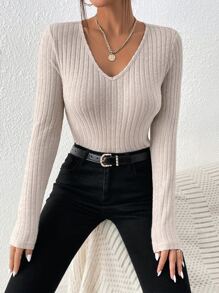 SHEIN Frenchy Solid V Neck Grain Fabric Tee - Apricot - View 5