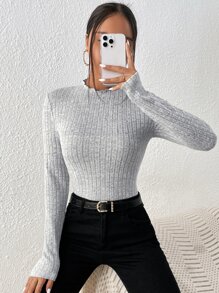 SHEIN BAE Áo thun nữ Xù nhỏ Gân đan màu trơn Giải trí - Xám - Xem 6