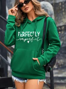 SHEIN Essnce Letter Graphic Kangaroo Pocket Drawstring Thermal Hoodie - Green - View 3