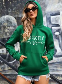 SHEIN Essnce Letter Graphic Kangaroo Pocket Drawstring Thermal Hoodie - Green - View 4